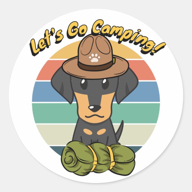 Funny daschund dog wants to go camping classic round sticker (Front)