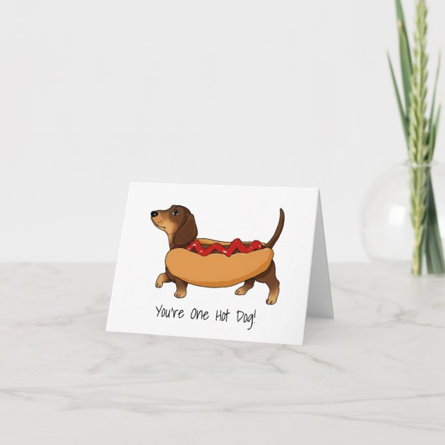Funny Daschund Hot Dog Watercolor Card (Front)