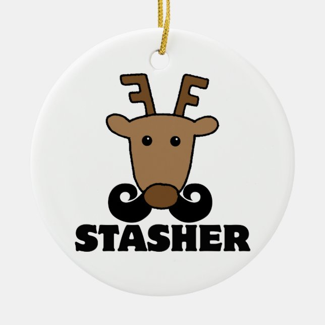 funny dasher stasher moustache reindeer ceramic tree decoration (Front)
