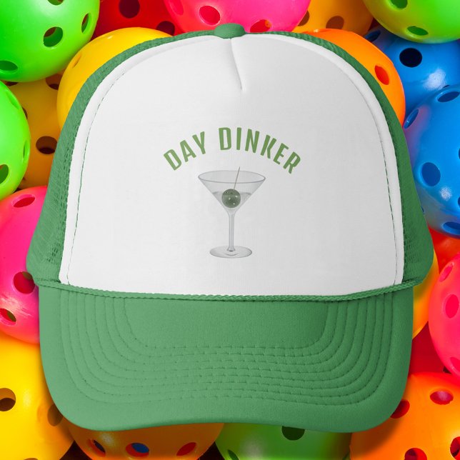 Funny Day Dinker Personalised Pickleball Martini Trucker Hat (Funny Day Dinker hat with a pickleball martini)