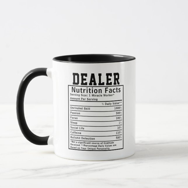 Funny Dealer Nutrition Facts Sales Dealers Gift Mug (Left)