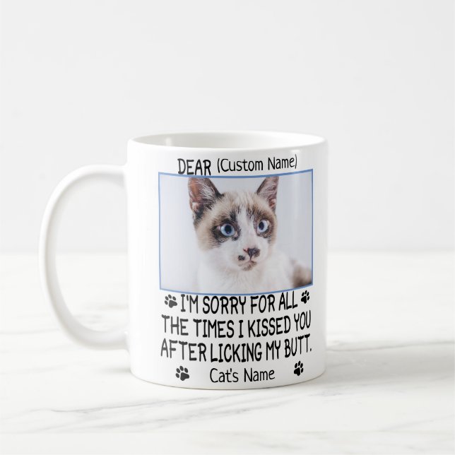 funny Dear cat , Personalised cat's photo and name Coffee Mug (Left)