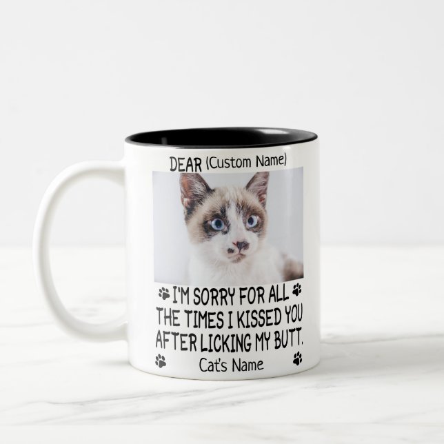 funny Dear cat , Personalised cat's photo and name Two-Tone Coffee Mug (Left)