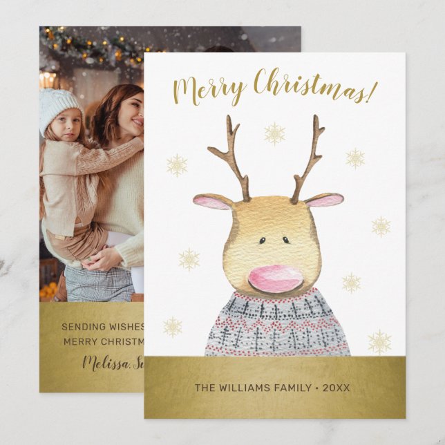 Funny Deer Merry Christmas Family Photo Holiday Card (Front/Back)