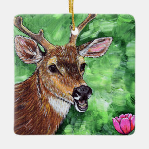 Funny Deer Painting Ceramic Ornament