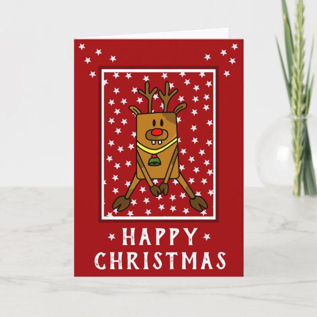 Funny Deer Star Pattern Red Happy Christmas Holiday Card (Front)