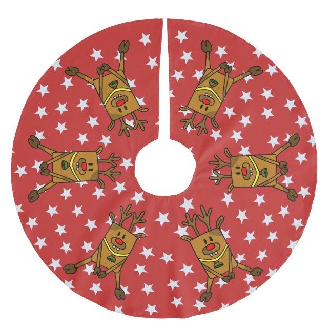 Funny Deer White Stars on Red Brushed Polyester Tr Brushed Polyester Tree Skirt (Front)