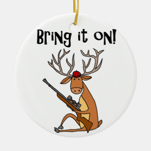 Funny Deer with Hunting Rifle and Cap Ceramic Tree Decoration