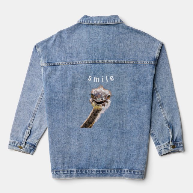 Funny Denim Jacket Playful Happy Ostrich - Smile (Back)