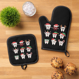 Funny Dental Christmas Teeth Cute Xmas Dentist  Oven Mitt & Pot Holder Set