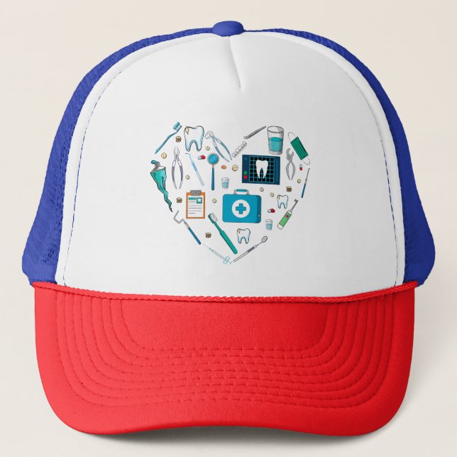 Funny Dental Dentist Tool Heart Trucker Hat (Front)