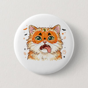 Funny Derpy Halloween Cat with Pumpkin Face Paint 6 Cm Round Badge