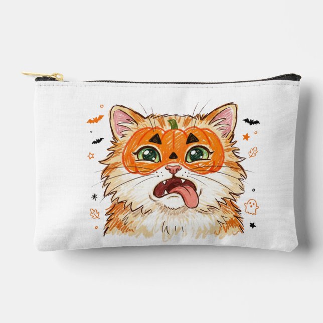 Funny Derpy Halloween Cat with Pumpkin Face Paint  Accessory Pouch (Front)