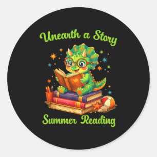 Funny dino book lover unearth a story summer classic round sticker