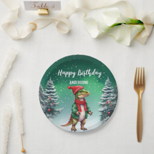 Funny Dino Christmas tree birthday boys snow party Paper Plate