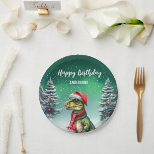 Funny Dino Christmas tree birthday boys snow party Paper Plate