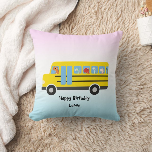 Funny DINO dinosaur School Bus boy Birthday Cushion (Blanket)