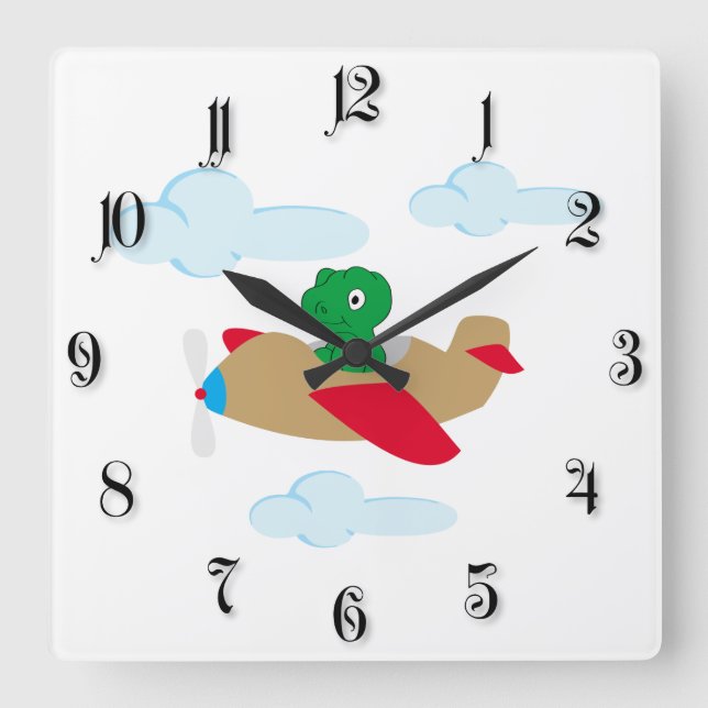 Funny dino flying by plane square wall clock (Front)