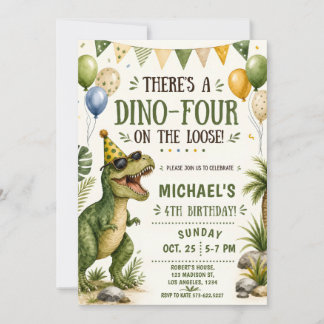 Funny Dinosaur 4th Birthday - Dino Four Birthday Invitation