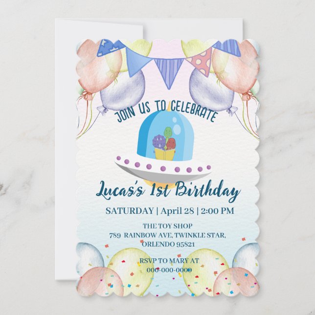 Funny dinosaur Alien UFO School kid Birthday party Invitation (Front)