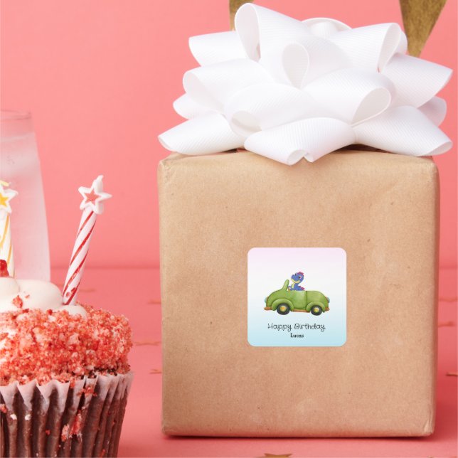 Funny dinosaur antique car birthday School boy Square Sticker (Party)
