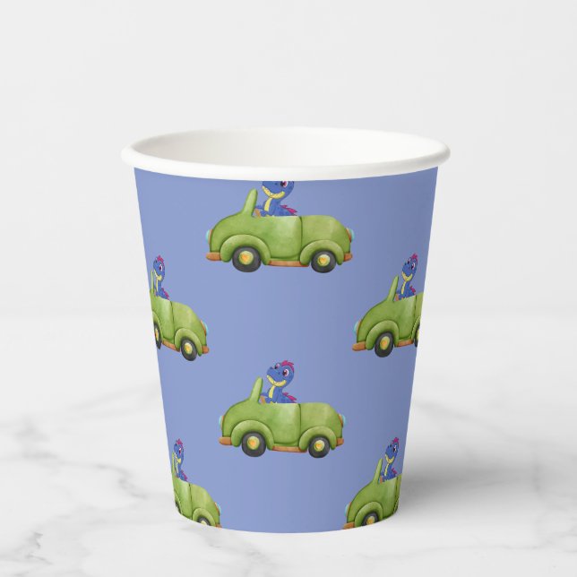 Funny dinosaur antique car boy School kid Birthday Paper Cups (Front)