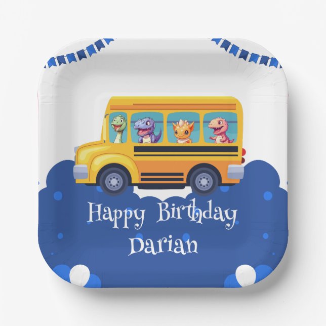 Funny dinosaur Back To School Bus Balloon Birthday Paper Plate (Front)