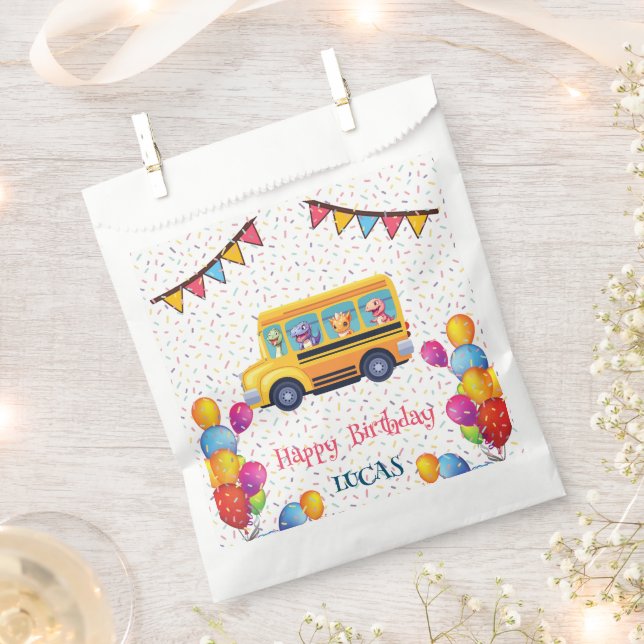 Funny dinosaur Back To School Bus boy Birthday  Favour Bag (Clipped)