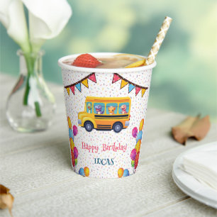 Funny dinosaur Back To School Bus boy Birthday Paper Cups