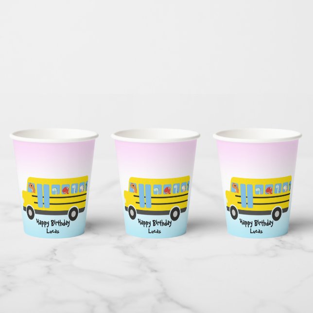 Funny dinosaur Back To School Bus boy Birthday Paper Cups (Multi)