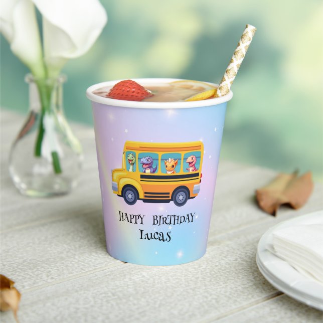 Funny dinosaur Back To School Bus boy Birthday  Paper Cups (Insitu)