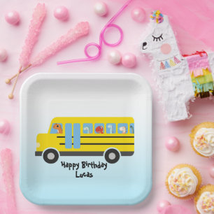 Funny dinosaur Back To School Bus boy Birthday Paper Plate