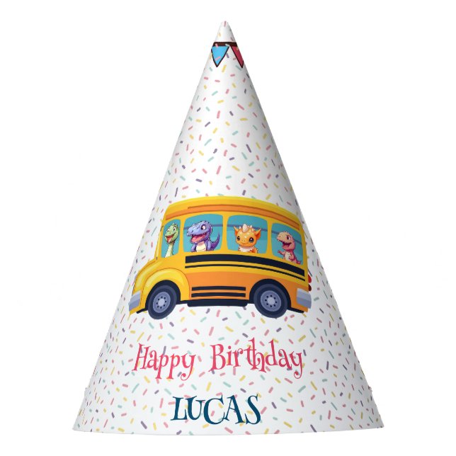 Funny dinosaur Back To School Bus boy Birthday  Party Hat (Front)