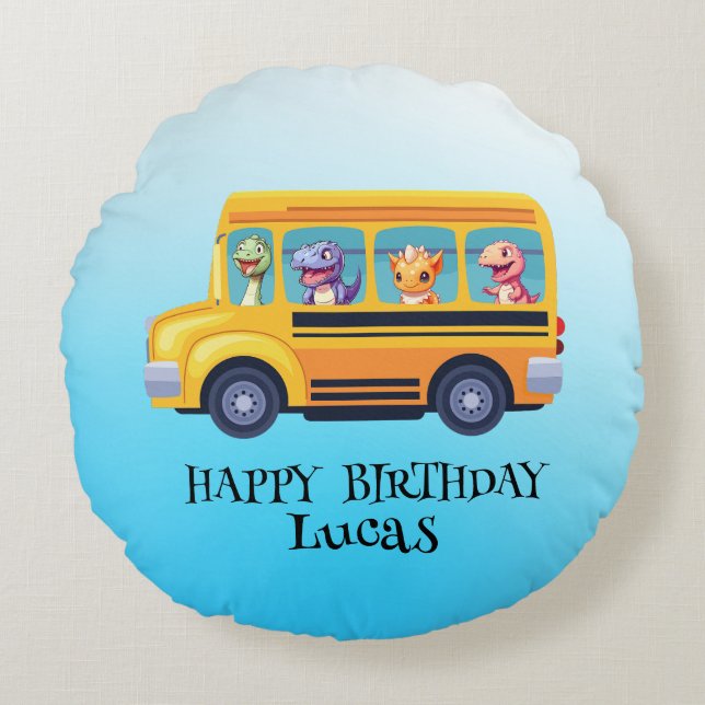 Funny dinosaur Back To School Bus boy Birthday  Round Cushion (Front)