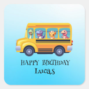 Funny dinosaur Back To School Bus boy Birthday Square Sticker