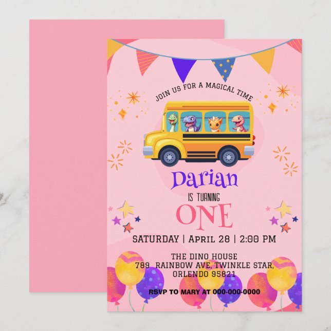 Funny dinosaur Back To School Bus girls Birthday Save The Date (Front/Back)