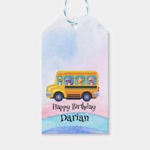Funny dinosaur Back To School Bus Rainbow Birthday Gift Tags