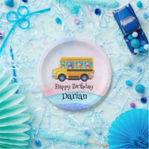 Funny dinosaur Back To School Bus Rainbow Birthday Paper Plate