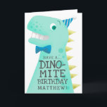 Funny Dinosaur Birthday Card<br><div class="desc">Funny and cute birthday card for a special boy! Cartoon style illustration of a green dinosaur with yellow spikes. The t rex is wearing a blue bow tie and a tiny party hat. On his body there is a text that says "Have a DINO-MITE birthday" You can add the birthday...</div>