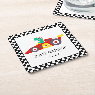 Funny Dinosaur Birthday racing car boy kids name Square Paper Coaster