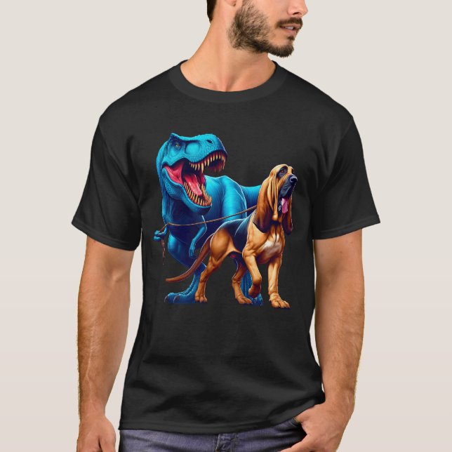 Funny Dinosaur Bloodhound Walking Dog Lover T-Shirt (Front)