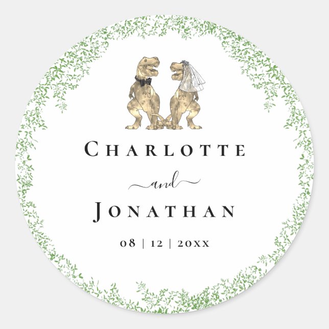 Funny Dinosaur Bride and Groom Custom Wedding Classic Round Sticker (Front)