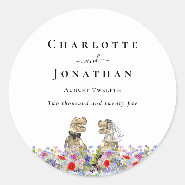 Funny Dinosaur Bride and Groom Custom Wedding Classic Round Sticker (Front)