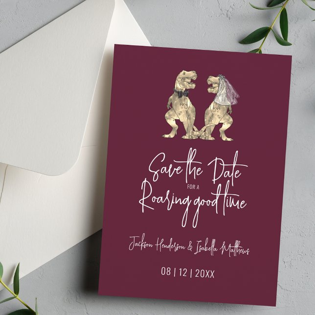 Funny Dinosaur Bride and Groom Wedding Burgundy Save The Date (Funny dinosaur bride and groom burgundy cream wedding save the date invitation Modern elegant trendy)