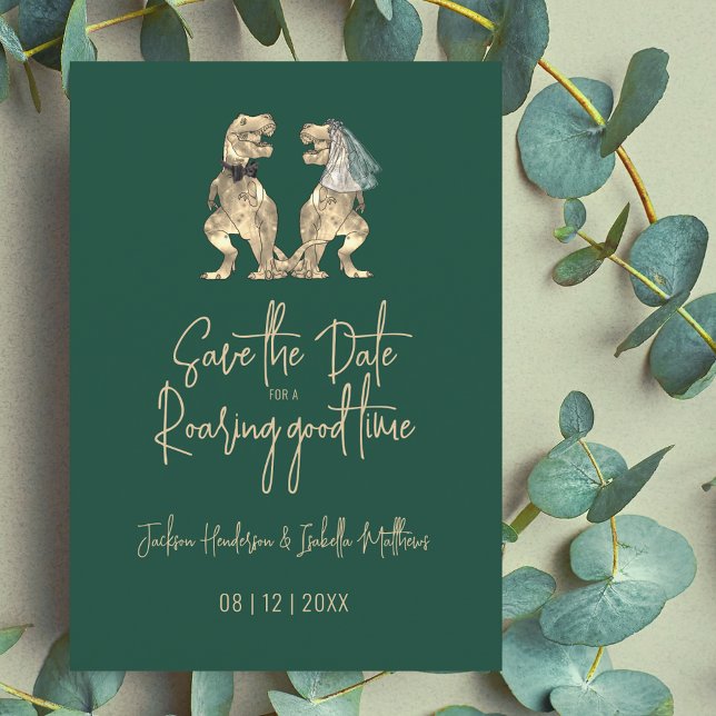 Funny Dinosaur Bride and Groom Wedding Save The Date (Funny Dinosaur wedding save the date invitation Modern trendy script T-Rex dino bride and groom )