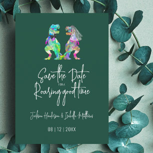Funny Dinosaur Bride & Groom Green Wedding Save The Date