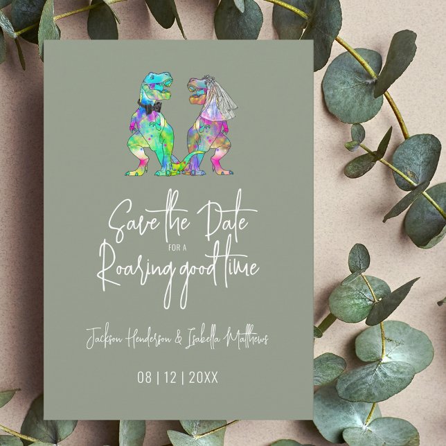 Funny Dinosaur Bride & Groom Sage Green Wedding Save The Date (Funny colorful T-Rex Dinosaur wedding save the date sage green and white invitation whimsical script)