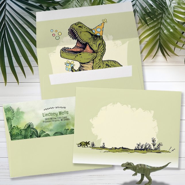 Funny Dinosaur Cartoon T-Rex Birthday Party Invite Envelope (Funny dinosaur popping out of envelope liner dino-mite 3-rex three-rex 2-rex T-rex mama-saurus)