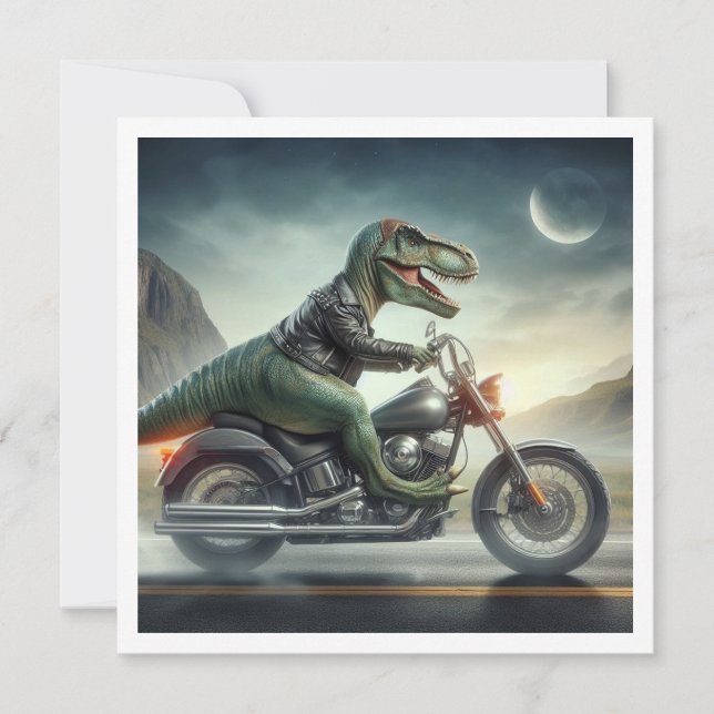 Funny Dinosaur, Dinosaur On Motorcycle Birthday Invitation (Front)