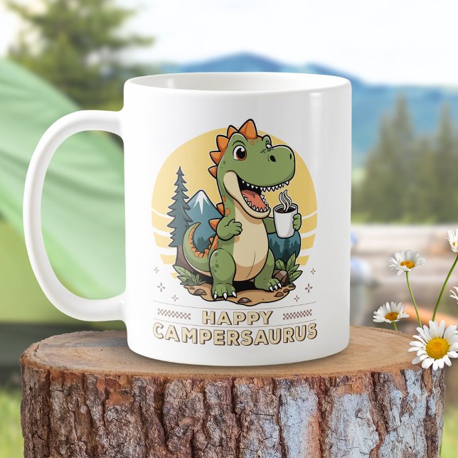 Funny Dinosaur Drinking Coffee Outdoors Camping Mug (Creator Uploaded)